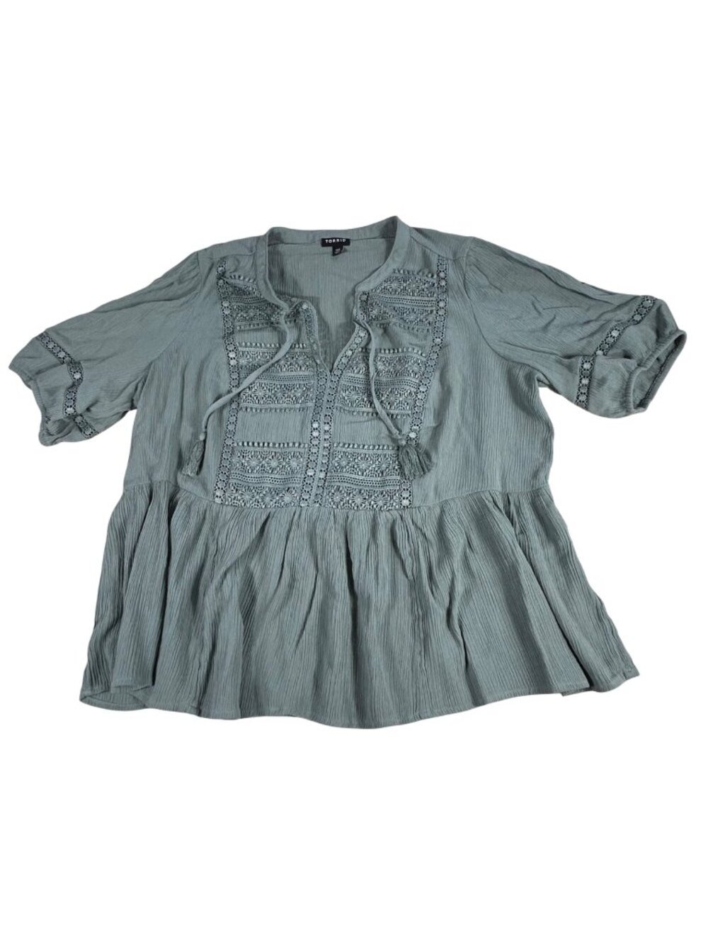 Torrid Crinkle Gauze Boho Peasant Tunic Top Sz 00 Chinois Green Lace Trim